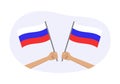 Russia waving flag icon or badge. Hand holding Russian flags. Vector illustration.